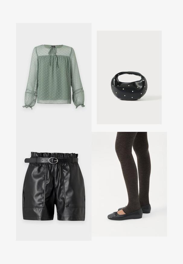 Läbipaistev roheline blousee, millel on täppidega muster, ümmargune kaelus, narmastega detail ees ja elastsed mansetid, millel on dekoratiivsed aksessuaarid.; Mustad mustast kunstnahast lühikesed püksid, millel on elastne vöökoht, sile tekstuur ja kaks eestpoolt taskut, lisaks kitsas vöö hõbedase pandlaga.; Jalad seljas tumedad soonelises soonelises kombines mustade baleriinadega, millel on väikesed paelade detailid valgel taustal.; Mustast nahast ümmarguse kujuga käekott, kaunistatud hõbedaste naeladega, lühikese sangaga. Sile tekstuur ja tõmblukuga sulgemine.