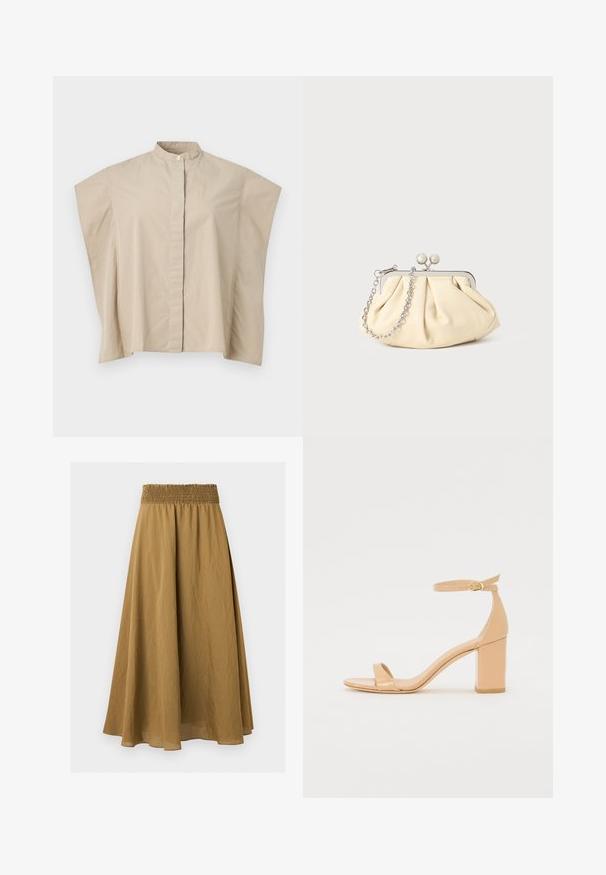 Chemise beige à manches courtes avec col mandarin, coupe carrée et patte de boutonnage cachée, présentée sur fond blanc.; Jupe midi marron trapèze avec taille élastique froncée et tissu léger texturé sur fond uni.; Sandales à talons en cuir verni nude avec un orteil carré, une sangle à la cheville et un talon bloc chunky. Texture lisse et détails de design minimalistes.; Pochette en cuir beige plissé avec un cadre en métal argenté, dotée de deux fermoirs ronds décoratifs et d'une chaîne en argent.
