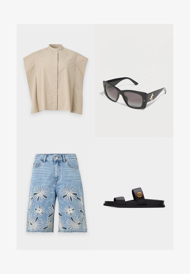 Chemise beige à manches courtes avec col mandarin, coupe carrée et patte de boutonnage cachée, présentée sur fond blanc.; Shorts en denim bleu clair longueur genou avec motifs de marguerites brodés en blanc et noir et fermeture à boutons à l'avant.; Sandale noire à glissière avec deux larges brides, dont une ornée d'un emblème rond doré, semelle plate, isolée sur fond gris clair.; Lunettes de soleil rectangulaires noires avec des verres à dégradé sombre et de petits accents décoratifs dorés sur les branches.