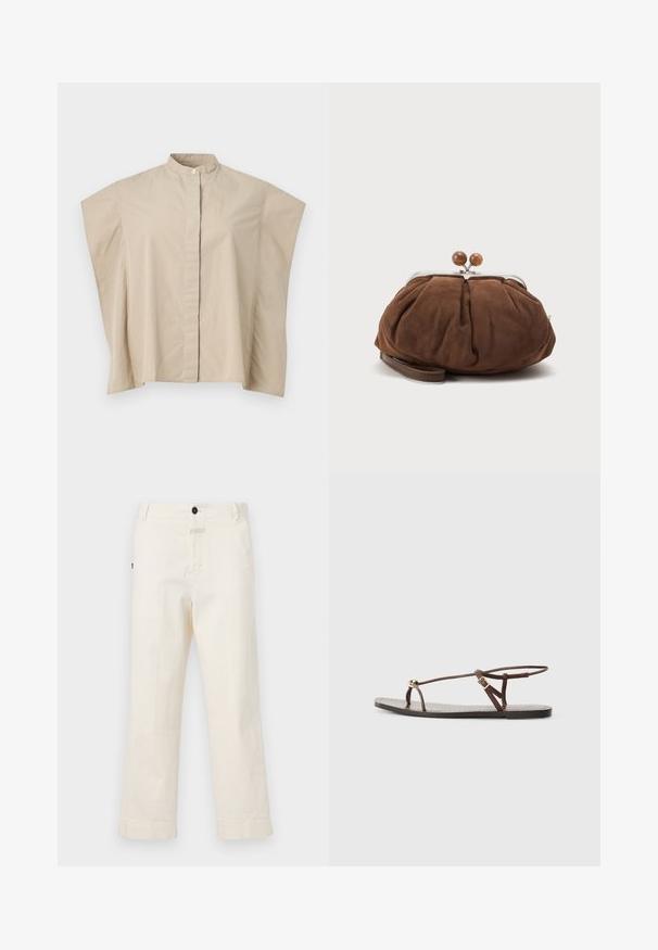 Beigefarbenes Kurzarmhemd mit Mandarin-Kragen, kastiger Passform und verdeckter Knopfleiste, auf weißem Hintergrund gezeigt.; Beige Baumwollhosen mit geradem Bein, ausgestattet mit einem Knopfverschluss vorne und einer Tasche mit einem runden Knopf als Akzent.; Braune Leder-Sandale mit dünnen Riemen, einem goldenen, runden Akzent und einer flachen Sohle. Minimalistisches Design mit einem verstellbaren Schnallen-Detail.; Weiche braune Wildleder-Handgelenktasche mit silbernem Metallrahmen und runden braunen Verschlusskugeln auf schlichtem hellem Hintergrund.