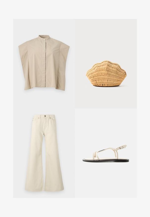 Camisa beige de manga corta con cuello mandarín, corte cuadrado y tapeta oculta, mostrada sobre un fondo blanco.; Jeans acampanados de color beige claro, fabricados en algodón. Presentan una cintura alta, cinco bolsillos y un cierre de botón con detalles de costura en contraste.; Sandalia plana beige con tiras finas, acento plateado en la tira superior y hebilla ajustable en la tira del tobillo, suela negra.; Bolso de mano de ratán tejido con forma de concha de vieira, de color marrón claro natural y bordes redondeados y texturizados.