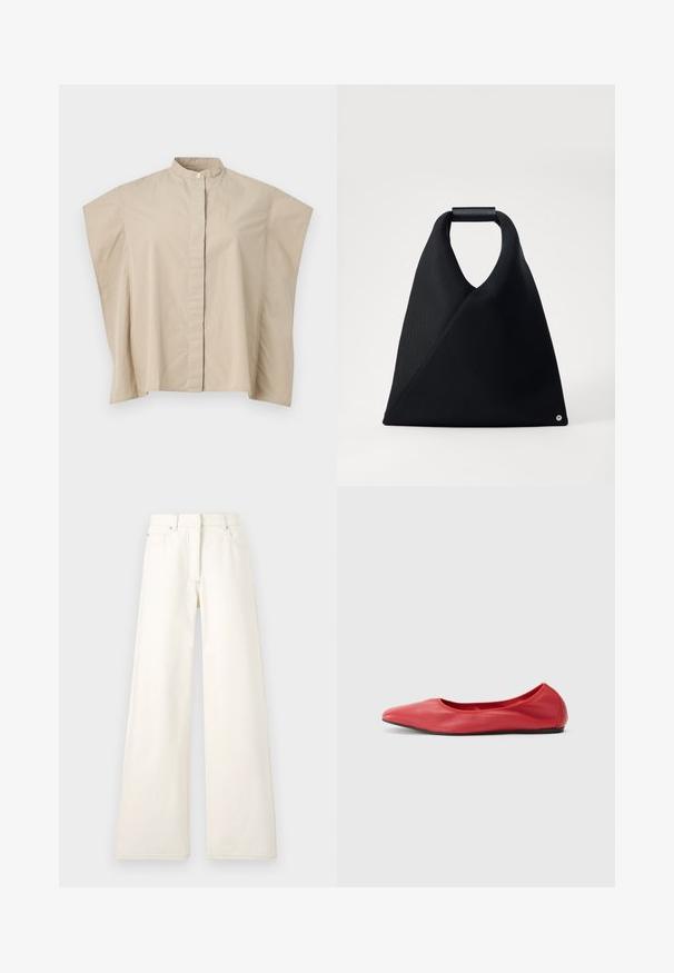Beige kortermig overhemd met mandarijnkraag, boxy pasvorm en verborgen knopenlijst, getoond op een witte achtergrond.; Wijdbenige, crèmekleurige broek van denim met zichtbare stiksels en zakken. Het ontwerp heeft een hoge taille en een recht gesneden silhouet.; Filippa K REY FLATS - Ballerina's - bright red; Zwarte tote bag met een driehoekige vorm, gemaakt van textuurstof, met een ronde handgreep en een klein accentdetail aan de onderkant.