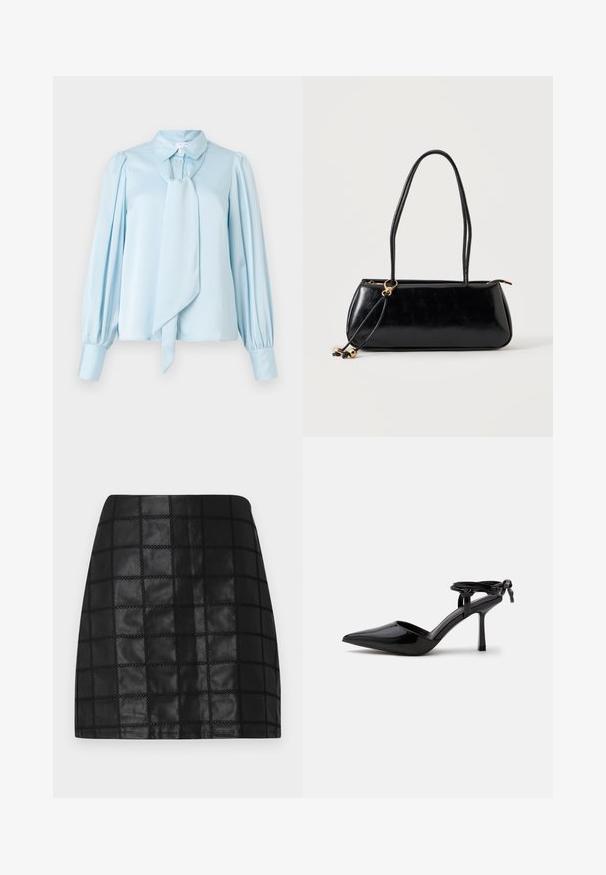 Blusa azul claro con un lazo en el escote, mangas largas y abullonadas, y puños con botones. Textura suave y diseño entallado.; Minifalda de cuero negro con un patrón de cuadrícula texturizado, presenta costuras elevadas y una silueta ajustada. El acabado liso realza el diseño.; Zapato de tacón alto de cuero charol negro con punta puntiaguda y correa en el tobillo atada en un nudo en la parte trasera, mostrado sobre un fondo blanco liso.; Bolso rectangular negro con dos tirantes largos, detalle de anilla dorada y cierre de cremallera sobre un fondo liso claro.
