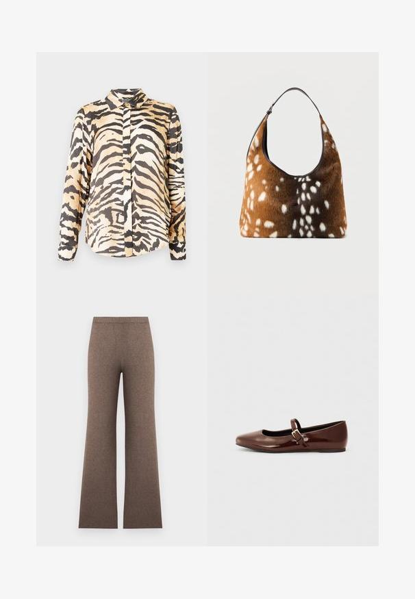 Overhemd met tijgerprint in tinten zwart en beige, voorzien van een kraag, lange mouwen en een gladde, lichte stof.; High waist bruine gebreide broek met brede pijpen en een geribde elastische tailleband, plat gelegd tegen een lichte achtergrond.; Bruine gepatineerde leren balletschoen met een vierkante neus en een bandje met een kleine gouden gesp. Gladde textuur, lage hak en minimalistisch ontwerp.; Bruine en zwarte handtas met witte, gevlekte bonttextuur en een enkele zwarte schouderriem op een effen achtergrond.