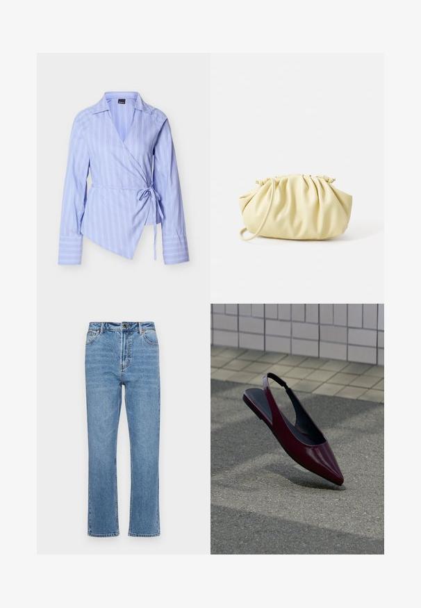 Chemise portefeuille bleu clair avec rayures blanches verticales, manches longues et fermeture à nouer à la taille. Elle comporte un col pointu et un ourlet asymétrique.; Jean en denim bleu clair avec une coupe droite, cinq poches, fermeture à bouton à l'avant et décoloration subtile sur le tissu.; Chaussure plate slingback en cuir verni marron avec bout pointu flottant au-dessus d'un trottoir texturé près d'un mur carrelé.; Sac à main plissé jaune en simili cuir lisse, arborant une forme douce avec une bandoulière unique et un design froncé sur le dessus.