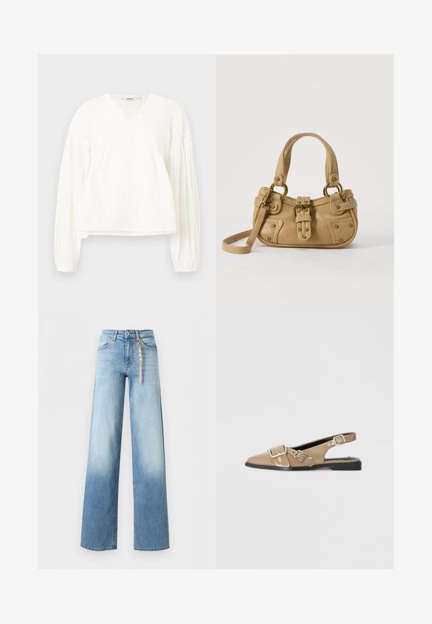 Blouse blanche à manches longues avec col en V, rayures verticales texturées, bordure en dentelle sur le devant et poignets élastiqués.; Jean bleu clair à jambes larges avec décoloration aux cuisses, style cinq poches, fermeture par bouton et zip, et un accessoire chaîne dorée suspendu à une boucle de ceinture.; Chaussures slingback en vernis beige avec un bout pointu, deux boucles ajustables et un petit talon noir. Texture lisse avec une finition brillante.; Sac à main en cuir beige avec double poignées, boucle en laiton et détails rivetés, ainsi qu'une bandoulière réglable sur fond blanc.