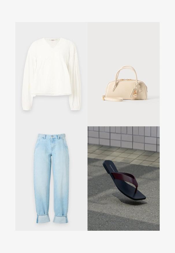 Witte blouse met lange mouwen, V-hals, verticale textuurstrepen, kanten rand aan de voorkant en elastische manchetten.; Lichtblauwe denim jeans met een hoge taille, gevlochten taillebanddetail, losse pasvorm en opgerolde manchetten aan de zoom. Voorzien van steekzakken.; Enkel zwart teenslipper met een donkerrode band die zweeft boven een grijs asfaltoppervlak met beige betegelde stoep op de achtergrond.; Kleine beige handtas met dubbele handvaten, gouden rits en afneembare band, met een gouden hangslot bedel op een effen achtergrond.