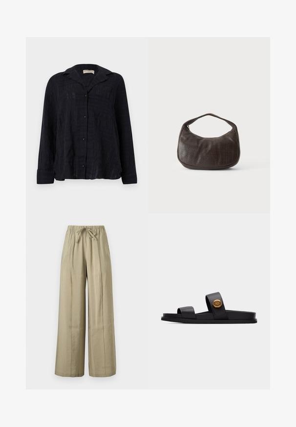 Black long-sleeve textured button-up shirt with collar and single chest pocket, shown front-facing on a plain background.; Beige wide-leg pants with elastic waistband and front tie, made from lightweight fabric for casual wear.; Black slide sandal with two wide straps, one featuring a round gold emblem, flat sole, isolated on light gray background.; Small dark brown textured handbag with a short strap and rounded bottom on a plain light background.