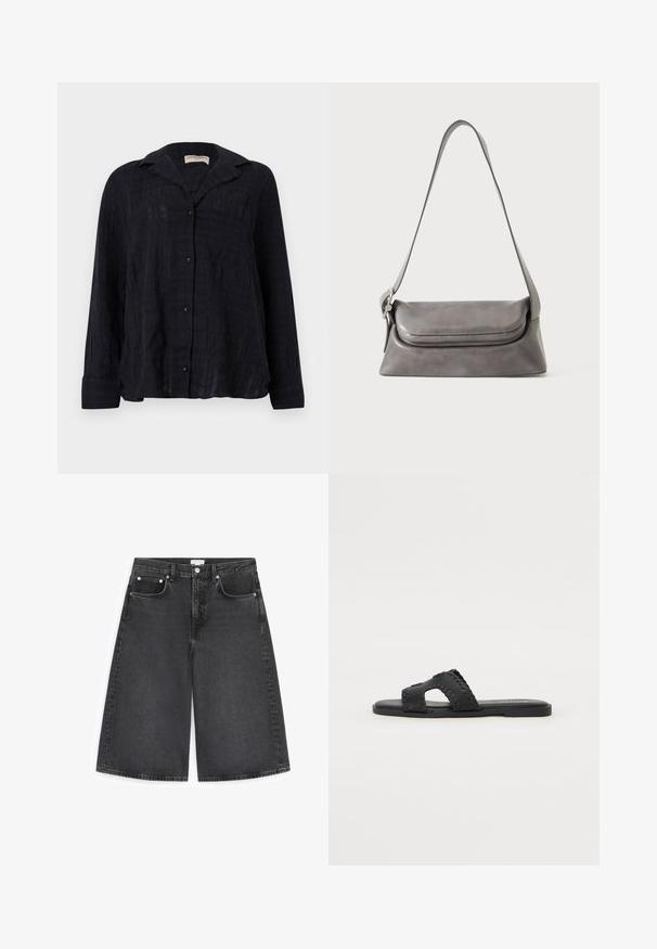 Chemise noire à manches longues texturée avec col, boutons sur le devant et une poche poitrine unique, présentée de face sur un fond uni.; Bermuda en jean noir taille haute avec bouton devant, fermeture éclair, passants de ceinture et cinq poches sur fond blanc.; Sandales plates noires avec une large double bande et un design découpé, présentant des coutures le long des bords et une semelle lisse.; Sac à épaule en cuir gris avec un rabat incurvé et une longue sangle fine suspendus sur un fond blanc.