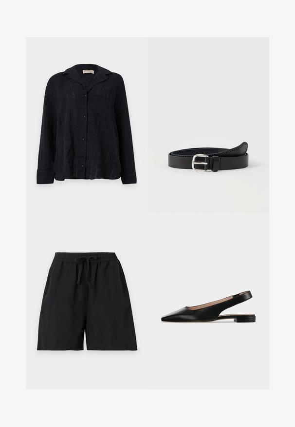 Chemise noire à manches longues texturée avec col, boutons sur le devant et une poche poitrine unique, présentée de face sur un fond uni.; Short noir décontracté avec ceinture élastique et cordon à l'avant, avec poches latérales et coupe ample.; Chaussure plate en cuir noir avec bride arrière, bout pointu et petit talon carré sur fond blanc.; Ceinture en cuir noir avec une boucle en métal argenté, dotée d'une finition lisse et de coutures le long des bords. Design classique.
