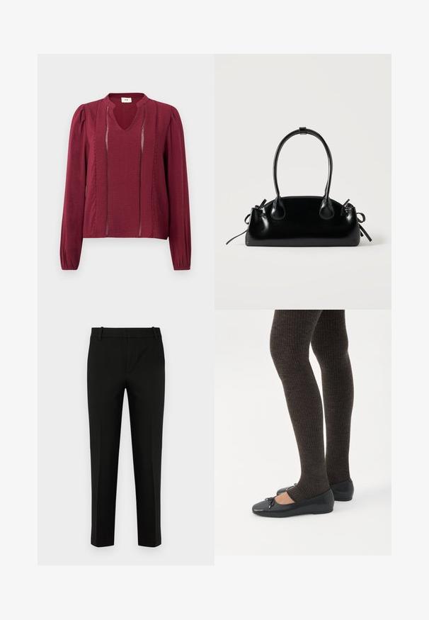 Bordeaux blouse met lange mouwen en V-hals, van gestructureerde stof, met voorplooien en elastische manchetten. Gedetailleerde stiksels langs de zijkanten.; Zwarte slim-fit broek, met een vlakke voorkant, zijzakken en een soepele textuur. Ontworpen met een gemiddelde taillehoogte en taps toelopende pijpen.; Benen met donkere geribbelde leggings gecombineerd met zwarte ballerina's met kleine strikdetails op een witte achtergrond.; Kleine zwarte glanzende handtas met twee lange hengsels en zijkant trekkoord details op een effen lichte achtergrond.