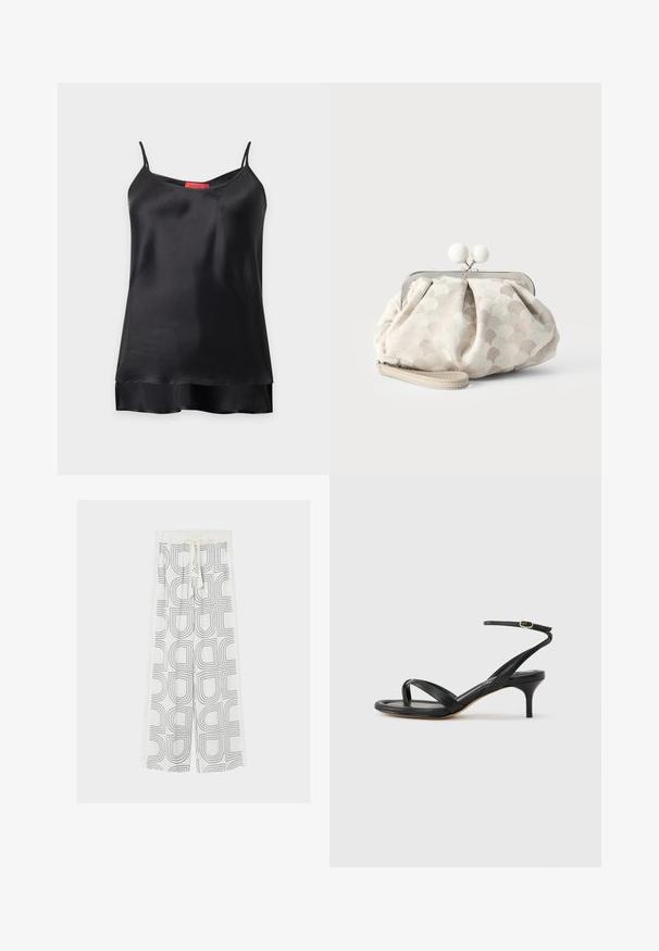 Top camisole sans manches en satin noir avec fines bretelles et ourlet superposé sur fond blanc.; Pantalon blanc à jambes larges avec motifs géométriques noirs en demi-cercle et taille à cordon, sur un fond clair uni.; Sandale pour femme en cuir noir avec fines lanières, une boucle d'orteil, une boucle à la cheville et un talon aiguille de hauteur moyenne sur un fond neutre.; Petit sac pochette beige avec tissu texturé à pois, cadre argenté, fermoir rond blanc et bracelet de poignet amovible sur fond uni.