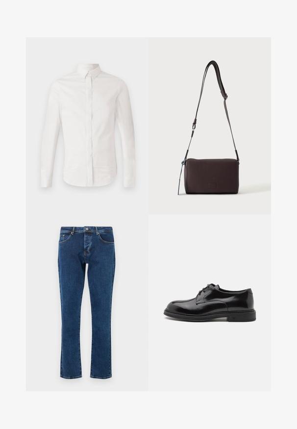 Chemise blanche à manches longues en coton lisse, avec un col classique, un devant à boutons et un ourlet courbé, ornée d'un discret logo brodé.; Jean en denim bleu foncé avec une coupe droite, cinq poches et un bouton métallique à la taille. Texture lisse avec une décoloration minimale.; Chaussure habillée en cuir noir avec une finition lisse, bout rond et lacets. Présente une épaisse semelle noire et un détail de couture subtil le long du bord.; Sac bandoulière en cuir marron foncé texturé avec une sangle réglable et un petit accent décoratif bleu sur le côté.
