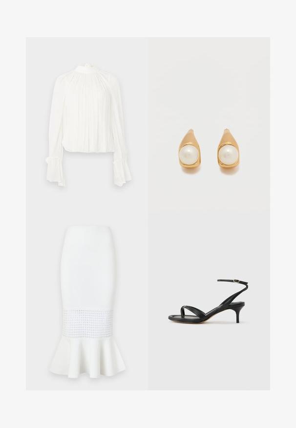 Blouse blanche avec manches longues évasées et col montant. Présente de doux plis sur le devant et une finition froncée aux poignets.; Jupe midi blanche en tissu côtelé, dotée d'un panneau en maille au niveau de l'ourlet avec un bas évasé. Texture lisse avec découpes circulaires.; Sandale pour femme en cuir noir avec fines lanières, une boucle d'orteil, une boucle à la cheville et un talon aiguille de hauteur moyenne sur un fond neutre.; Boucles d'oreilles à clous en ton or, chacune ornée d'une perle blanche ronde unique, sertie dans un métal lisse et courbé sur un fond clair uni.