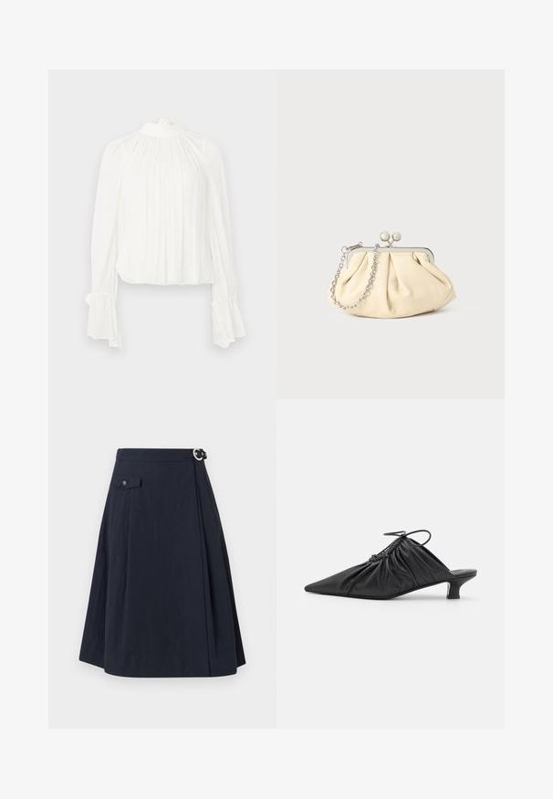 Blusa blanca con mangas largas acampanadas y cuello alto. Presenta pliegues suaves en toda la parte delantera y un acabado fruncido en los puños.; Falda en línea A de color azul marino con cierre de botón lateral, que presenta un bolsillo frontal y una tela suave y ligera con un ligero brillo.; Mules negros de cuero sin hebillas con punta afilada, textura recogida y un pequeño tacón de gato. Presentan un detalle de cordón en la abertura.; Clutch de cuero beige plisado con un marco de metal plateado, que cuenta con dos broches decorativos redondos y una correa de cadena plateada.