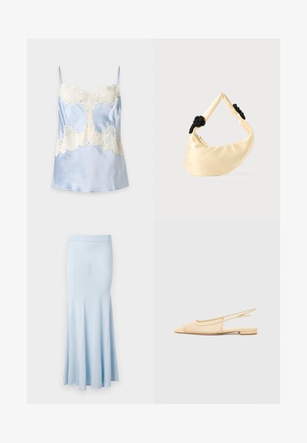 Lyseblå satin camisole med hvide blonde detaljer på bryst og talje, med tynde skulderstropper og en glat finish.; Lys blå strikket nederdel med flagrende kant, mellemlang design og ribbet talje. Glat tekstur, ingen synlige mønstre eller detaljer.; Slingback fladsko i lys beige med en mesh-overdel, spids tå og en lav hæl. Har en justerbar strop for bedre pasform.; Skuldertaske i cremefarvet satin med to sorte flettede knuder på remmen og en synlig lynlåslukning.