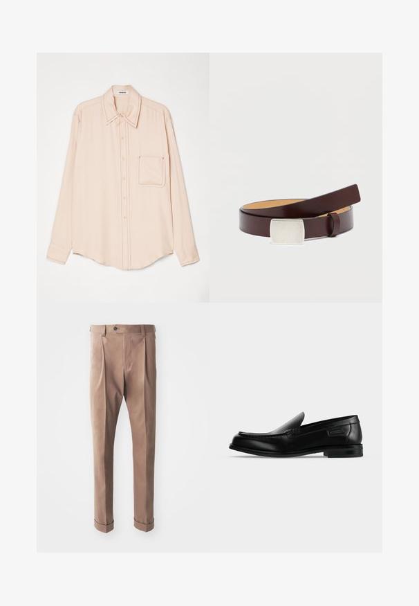 Camisa de manga larga rosa claro en tejido suave con collar de punta, botones frontales y un solo bolsillo en el pecho con costuras en contraste.; Pantalones caqui hechos de tela texturizada, con una cintura alta, pliegues y puños enrollados, y un cierre de botón en la cintura.; Mocasín negro de cuero tipo slip-on con tacón bajo, punta redondeada y costura decorativa a lo largo del borde superior.; Cinturón de cuero marrón con una hebilla plateada rectangular, textura lisa y un forro interior más claro y contrastante. Diseño sencillo y clásico.
