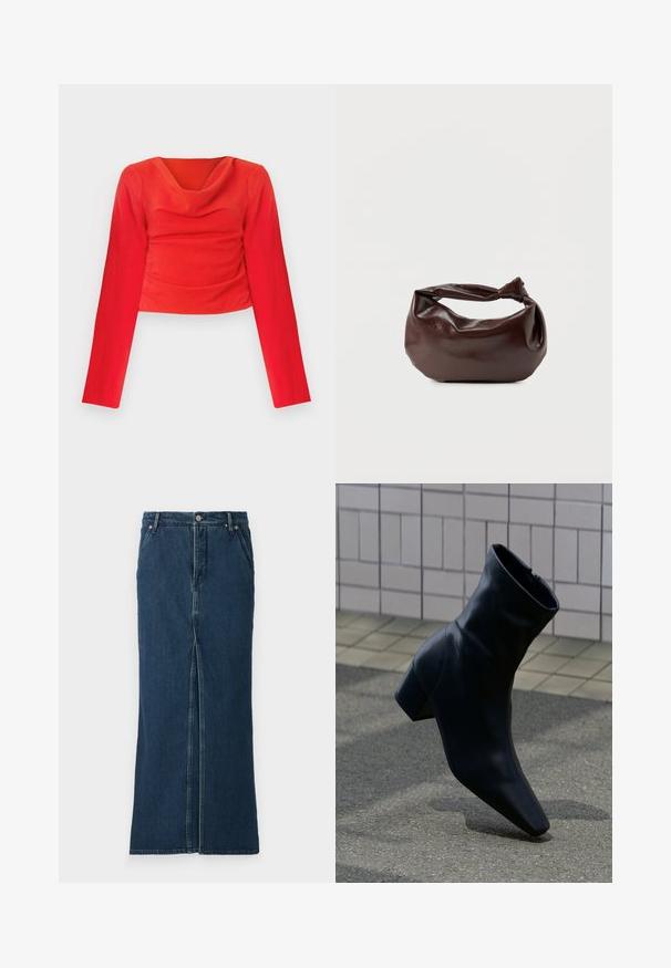 Haut cropped à manches longues rouge avec un col drapé. Présente un tissu texturé et des fronces à la taille pour une silhouette ajustée.; Good American FIT AND FLARE MAXI SKIRT - Jupe en jean - indigo; Botte noire en cuir avec talon bloc, posée sur une surface en asphalte texturée près d'un mur carrelé.; Sac bandoulière en cuir marron foncé avec une forme souple et décontractée et une anse nouée torsadée sur un fond blanc uni.
