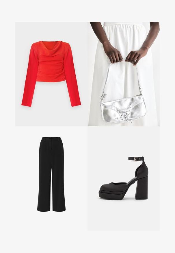 Top corto rojo de manga larga con cuello drapeado. Presenta una tela texturizada y frunces en la cintura para una silueta ajustada.; Pantalones de pierna ancha negros fabricados en una tela suave. Presenta una parte delantera plana, cinturilla con pasadores para cinturón y dos bolsillos laterales.; Zapatos de tacón con plataforma negra, punta redondeada, tejido mate, tacón alto y cuadrado, correa ajustable en el tobillo y sutil detalle de costura.; Bolso metálico plateado con detalle de cordones, que presenta un diseño elegante y una correa corta. El bolso está sostenido con las manos, mostrando su textura.