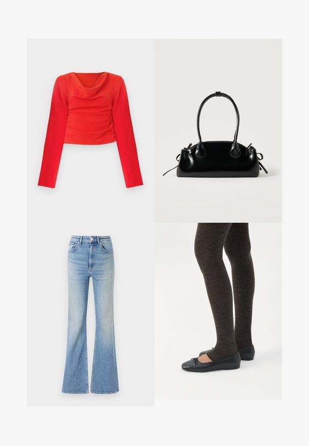 Top corto rojo de manga larga con cuello drapeado. Presenta una tela texturizada y frunces en la cintura para una silueta ajustada.; Jeans acampanados de color azul claro, hechos de mezclilla, con una cintura alta, diseño de cinco bolsillos y un ligero degradado que va hacia el dobladillo.; Piernas con leggings oscuros acanalados combinados con bailarinas negras que presentan pequeños detalles de lazo sobre un fondo blanco.; Pequeño bolso negro brillante con dos asas largas y detalles de cordón lateral sobre un fondo claro liso.