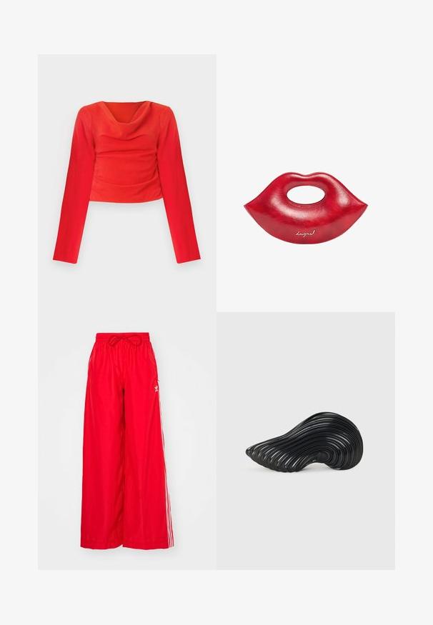 Červený dlhý rukáv cropped top s volánovým výstrihom. Obsahuje textúrovanú látku a nariasenie v páse pre priliehavý siluetu.; Červené široké nohavice vyrobené z ľahkého materiálu, s bielymi bočnými prúžkami a elastickým pásom so šnúrkou.; Melissa QUANTUM - Tenisky - black; Červená kožená kabelka v tvare pier s vykrojenou rukoväťou a lesklým povrchom. Na prednej strane má vyrazené meno značky v kurzíve.