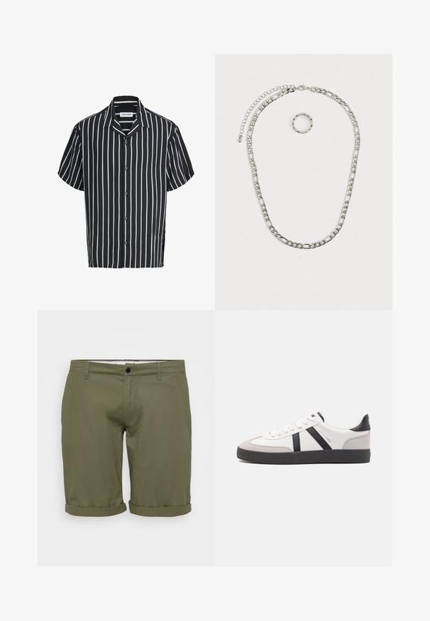 Chemise noire à manches courtes avec boutons, rayures verticales blanches et col plié, étiquetée Jack & Jones.; Shorts vert olive avec une texture lisse, ourlets retroussés, bouton à la taille avant et poches latérales. Design simple et ajusté pour un look décontracté.; Baskets blanches avec des accents noirs et gris, présentant un embout texturé gris, une semelle en caoutchouc noir et des lacets plats blancs. Design épuré, style minimaliste.; Ensemble de bijoux en argent massif comprenant un collier à chaîne épaisse avec un fermoir à homard et une bague texturée assortie. Les deux pièces sont brillantes et métalliques.