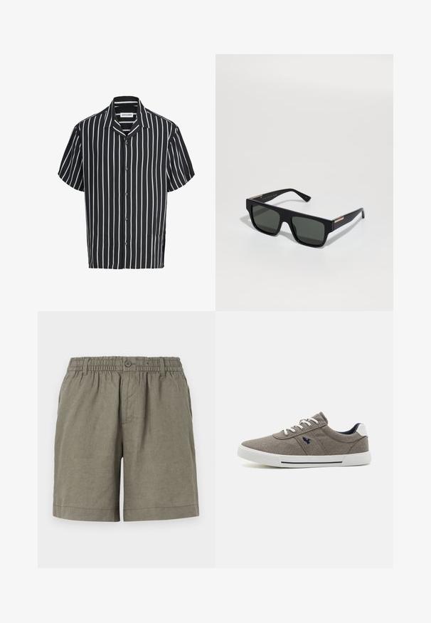 Sort kortærmet skjorte med knapper og hvide lodrette striber samt en opfoldet krave, mærket Jack & Jones.; Khaki shorts i letvægtsstof med elastisk talje og knaplukning. Har et lige ben design og optrukket kant.; Grå canvas sneakers med hvid gummisål, rund tå og marineblå detaljer. Har tofarvede snørebånd og et logo på siden.; Sorte rektangulære solbriller med mørke linser og en blank finish. Udstyret med guldfarvet hardware og en multifarvet accent på stængerne.