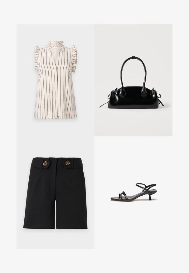 Lys beige bluse med marineblå lodrette striber, flæser på ærmerne og høj halsudskæring, med en åbningsklap foran.; Sorte skræddersyede shorts med høj talje, to store brune knapper på sidelapperne og en syning foran.; Sorte lædersandaler med et slankt, minimalistisk design. Har to tynde remme og en lille, skrå hæl. Glat tekstur og åben tå.; Lille sort blank håndtaske med to lange håndtag og snøre-detaljer i siden på en ensfarvet lys baggrund.