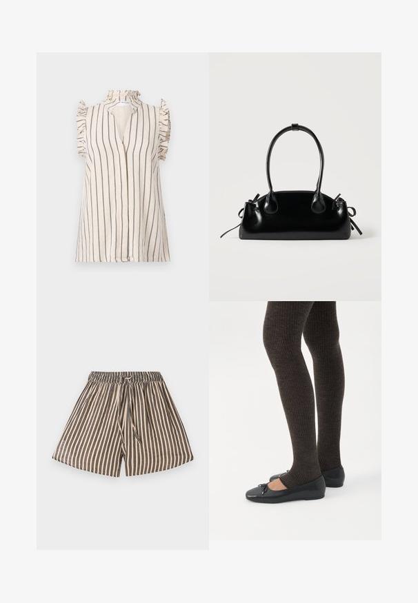 Blusa de un color beige claro con rayas verticales azul marino, mangas con volantes y un cuello alto, que cuenta con una abertura en la parte delantera.; Pantalones cortos a rayas con cintura elástica, con líneas verticales en beige y azul marino. Tela suave, diseño informal y detalle de lazo en la parte frontal.; Piernas con leggings oscuros acanalados combinados con bailarinas negras que presentan pequeños detalles de lazo sobre un fondo blanco.; Pequeño bolso negro brillante con dos asas largas y detalles de cordón lateral sobre un fondo claro liso.