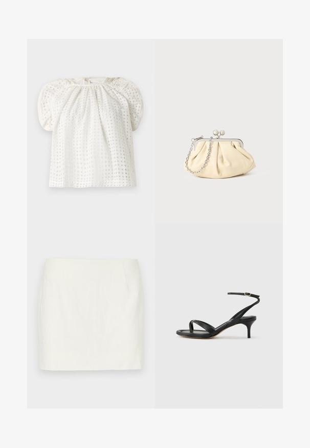 Blusa de tela blanca de broderie con mangas abullonadas, escote fruncido y detalle de lazo en la espalda.; Mini falda de lino blanco con corte recto, que presenta bolsillos laterales y una textura suave. Sin patrones ni acentos visibles.; Sandalia negra de cuero para mujer con tiras finas, un lazo para el dedo del pie, hebilla en el tobillo y tacón de aguja de altura media sobre un fondo neutro.; Clutch de cuero beige plisado con un marco de metal plateado, que cuenta con dos broches decorativos redondos y una correa de cadena plateada.