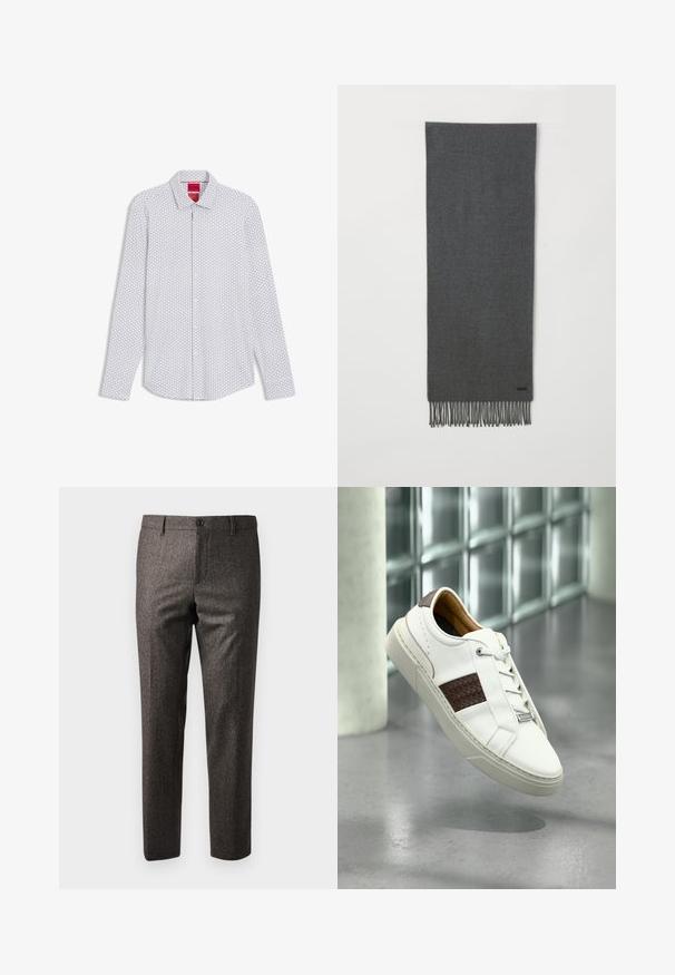 Valge pika varrukaga nööbitav särk musta mikroteksti mustri ja punase HUGO logoga märgiga krae sees.; Pruun herringbone-stiilis püksid, millel on sale lõige, esi-nööbiga kinni peetavad ja küljetaskud, valmistatud tekstureeritud kangast, millel on õrn sära.; Valge nahast toss pruuni kootud detailiga, varustatud ümmarguste paelte, tekstuurse kummipõhjaga ja minimalistliku disainiga elementidega.; Hallkaheline hall villane sall, millel on servades friteeritud ääred, pehme tekstuur, ristkülikukujuline kuju ja väike must logo detail alt ääre lähedal.