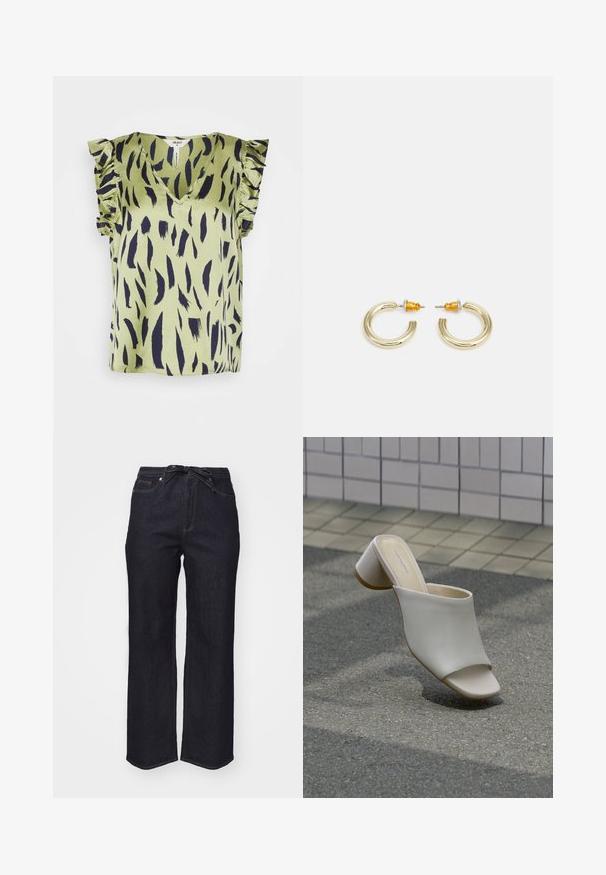 Object Petite OBJPAPAYA NOUR - Bluse - seagrass; Mørkeblå denimbukser med høj talje, vide ben og et bælte med sløjfe. Har standard syninger og en pæn kant.; Enkelt hvid åben tå mule med blokhæl på brolagt grund nær flisebelagt væg, vinklet for at vise side- og topudsigt.; Guldtonede hooop øreringe med en glat, rund form og en poleret finish. Har orange detaljer på bagsiden for sikker fastgørelse.