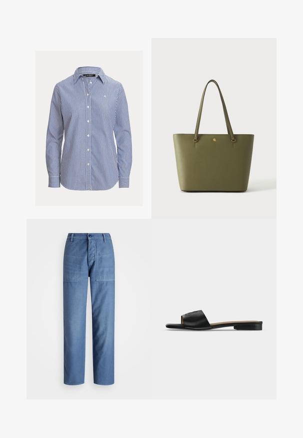 Damen-Bluse mit langen Ärmeln, blauen und weißen vertikalen Streifen, spitzem Kragen und kleinem besticktem Logo auf der Brust.; Helle blaue Jeanshose mit geradem Bein, ausgestattet mit zwei vorderen Taschen und einem Knopfverschluss in der Taille. Glatte Textur.; Schwarze flache Sandale mit einem breiten Lederriemen mit dezentem geprägtem Logo und niedrigem Absatz.; Olivgrüne Ledertasche mit zwei langen Henkeln und kleinem goldenen "RL"-Logo mittig auf dem Vorderteil.