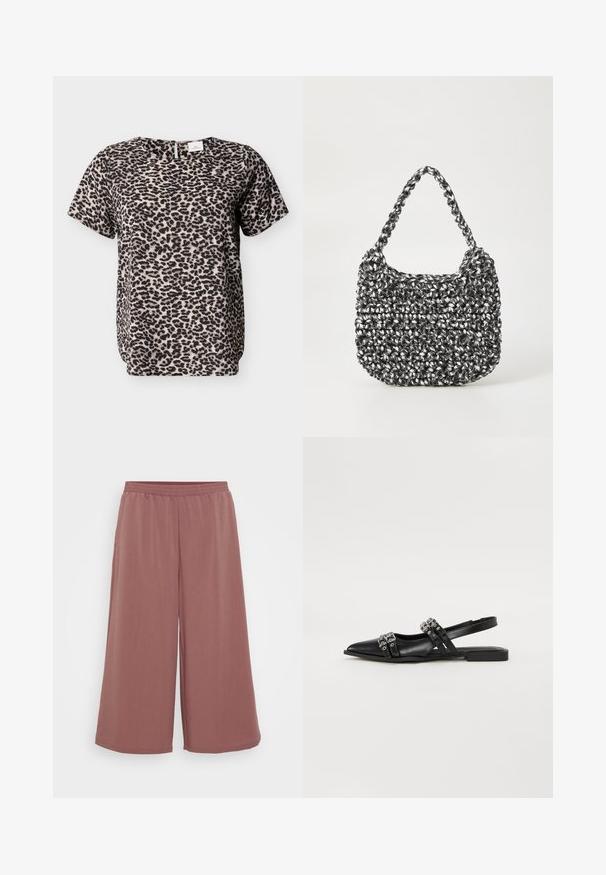 Kurzarm-Top mit Leopardenmuster in Beige und Schwarz. Rundhalsausschnitt mit einem Schlitz am Rücken. Weiche Stofftextur. Lockere Passform.; Weite Hosen aus einem weichen, strukturierten Stoff mit einem elastischen Bund. Die Farbe ist ein sanftes Rosa, das das fließende Design unterstreicht.; Even&Odd Sling-Ballerina - black; Gewebte Handtasche in Schwarz und Weiß mit runder Form, strukturiertem Oberflächenfinish und geflochtener Grifffläche. Geeignet für den lässigen Gebrauch.