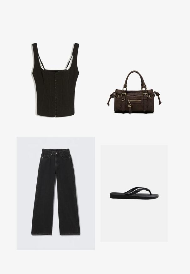 Sort tætsiddende ærmeløs top med brede stropper, lukning foran med hægte og justerbare tynde skulderstropper på hvid baggrund.; Sorte højttaljede bredbenede jeans med knap- og lynlåslukning foran, bæltestropper og fem forlommer på en lys baggrund.; Sort gummiplip-flops sandal med tekstureret sål og glatte remme, sidevisning på en ensfarvet lys grå baggrund.; Mørkebrun læderhåndtaske med dobbelte håndtag, forreste lynlåslomme, dekorative spænder og sideknuder på hvid baggrund.