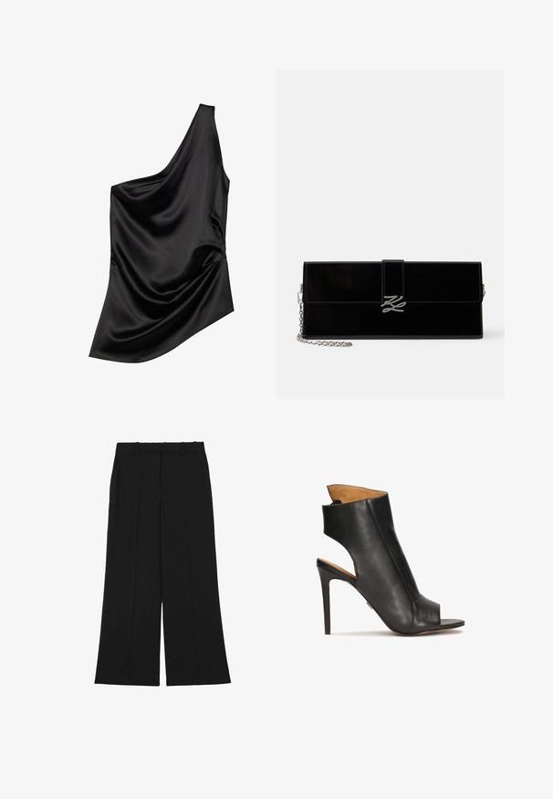 Schwarzes Satin-Top mit asymmetrischem Ausschnitt, gerafftem Stoffdetail und weicher Textur. Es hat einen Schulterträger und eine fließende Silhouette.; Schwarze Hosen mit weitem Bein aus glattem Stoff. Sie verfügen über eine hohe Taille, zwei vordere Falten und Gürtelschlaufen. Keine sichtbaren Taschen oder Verzierungen.; Schwarze Leder-Sandaletten mit hohem Absatz, offen an der Zehe und mit ausgeschnittenem Design. Verfügt über einen Stiletto-Absatz und einen konturierten Knöchelbereich.; Glänzende schwarze rechteckige Clutch mit silbernem Kettenriemen und silberner, ineinander verschlungener Initial-Schließe an der vorderen Klappe.