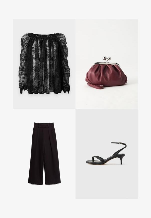 Blouse en dentelle noire avec un tissu transparent, des manches bouffantes, un design plissé et un ourlet festonné. Motifs floraux intriqués sur l'ensemble.; Pantalon noir à jambes larges avec taille haute, passants pour ceinture, poches latérales et plis à l'avant, présenté à plat sur fond blanc.; Sandale pour femme en cuir noir avec fines lanières, une boucle d'orteil, une boucle à la cheville et un talon aiguille de hauteur moyenne sur un fond neutre.; Petit sac pochette en cuir bordeaux avec fermoir métallique argenté et bracelet sur fond blanc.