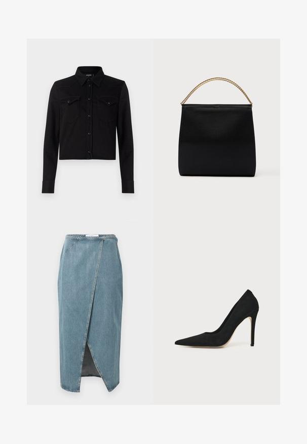 Chemise en denim noire cropped avec manches longues, col à point, fermeture à boutons-pression sur le devant, et deux poches poitrine. Présente des détails de couture contrastants.; Jupe en denim bleu clair avec un design enveloppant, présentant des coutures visibles, une fente avant et une taille ajustée.; Escarpin stiletto noir à talon haut avec bout pointu et texture lisse, présenté de profil sur un fond clair uni.; Sac noir en tissu lisse, présentant une forme structurée, une poignée en chaîne dorée et un design géométrique minimaliste.