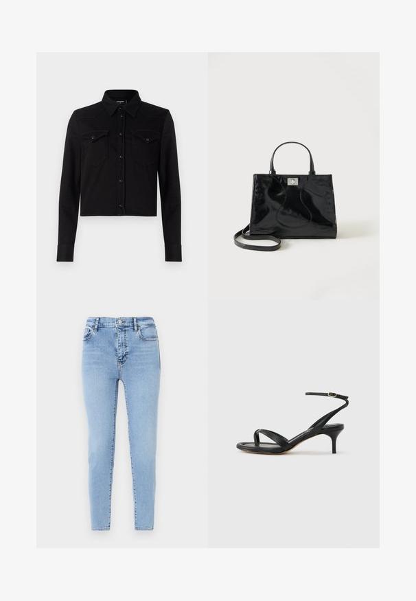 Schwarze, verkürzte Jeansbluse mit langen Ärmeln, Punktkragen, Druckknopfverschluss vorne und zwei Brusttaschen. Mit kontrastierenden Nähdetails.; Helle blaue, hochtaillierte Jeans mit schmalem Schnitt. Aus Denim mit feiner Textur gefertigt, mit einem Knopfverschluss vorne und Gesäßtaschen.; Schwarze Ledersandale für Damen mit dünnen Riemchen, einer Zehenlasche, einer Knöchelschnalle und einem mittelhohen Stöckelabsatz vor neutralem Hintergrund.; Schwarze Handtasche aus Lackleder mit abgerundeten Griffen, abnehmbarem Schulterriemen und silberner Verschlussklammer auf einfachem weißem Hintergrund.