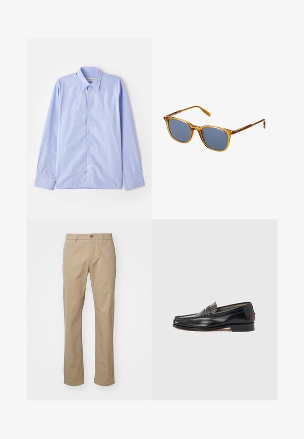 OFFICINE GENERALE SOFT - Skjorter - light blue; Beige chinos med lige ben design, lavet af bomuldsstof, med en enkelt frontknap og standard talje med bæltesløjfer.; Sorte læderloafers med moccasin-design, der har en dekorativ bånd og syningsdetaljer på overdelen. Lav blokhæl.; Brune gennemsigtige plastiksunglasses med mørke grå linser, firkantet form, diskret branding på stellet, og en glansfuld finish.