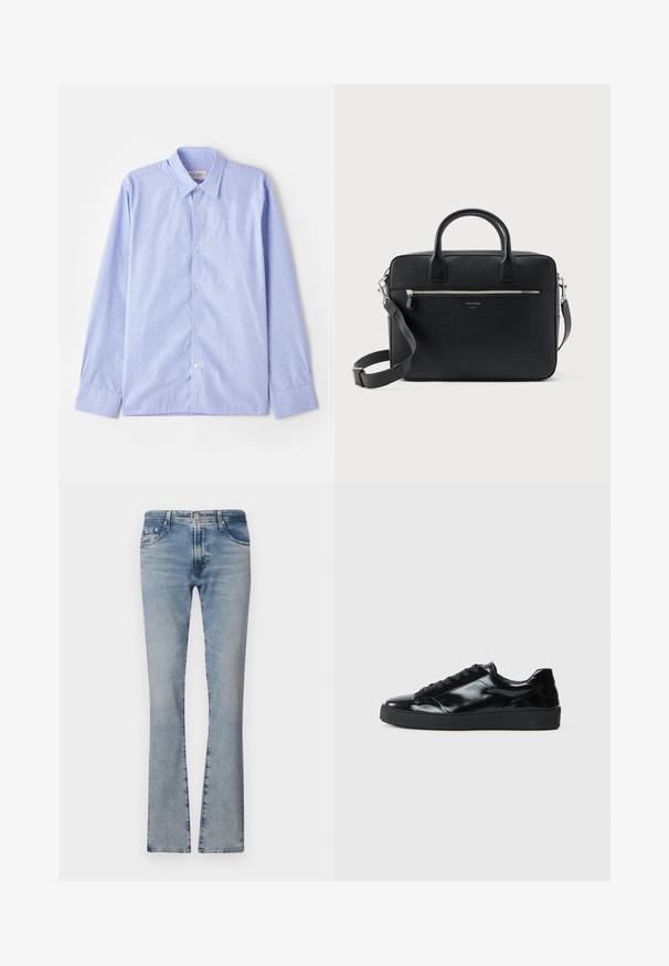 OFFICINE GENERALE SOFT - Hemd - light blue; Hellblaue, ausgestellte Jeans aus Denim mit mittelhohem Bund, fünf Taschen und einem verblassten Finish, ausgestattet mit einem Reißverschluss und einem Metallknopfverschluss.; Schwarze Lackledersneaker mit runder Zehenform, Schnürdesign, strukturiertem Gummisohle und glatter Oberfläche.; Schwarze strukturierte rechteckige Lederaktentasche mit Doppelgriffen, vorderer Reißverschlusstasche und verstellbarem Schultergurt, auf weißem Hintergrund dargestellt.