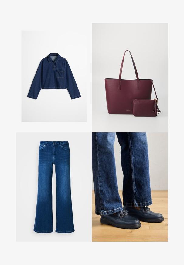 Bijgesneden denimoverhemd in donkerblauwe tint, met een boord met knopen, een borstzak aan de voorkant en lange mouwen met gestikte details langs de naden.; Blauwe denim wijde broek met hoge taille, heeft vijf zakken, knoop- en ritsluiting, en een gladde, gelijkmatige textuur.; Marineblauwe leren schoenen met een dikke zool en kettingdetails op de bovenkant, gecombineerd met loszittende donkerblauwe spijkerbroeken.; Bordeaux vegan leren schoudertas met twee stevige handvatten, voorzien van een bijpassend ritszakje met kwastaccent. Gladde, gestructureerde afwerking.
