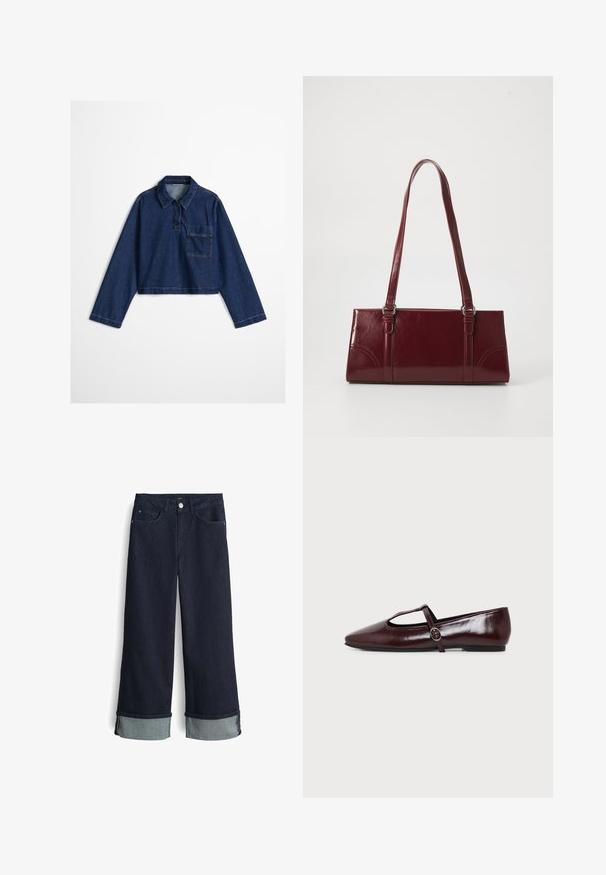 Gekürztes Jeanshemd in dunklem Blau mit Knopfkragen, Brusttasche und langen Ärmeln mit abgesteppten Details entlang der Nähte.; Dunkelblaue Denim-Jeans mit weitem Bein und hoher Taille, mit umgeschlagenen Säumen in einem helleren Blauton und klassischem Vier-Taschen-Design.; Dunkelburgunderfarbener flacher Lederschuh mit spitzer Spitze und einem dünnen T-Riemen mit silberner Schnalle auf weißem Hintergrund.; Burgunderfarbene Handtasche aus glänzendem Material, rechteckige Form, mit zwei Schulterriemen und subtilen, geschwungenen Akzenten an der Vorderseite.