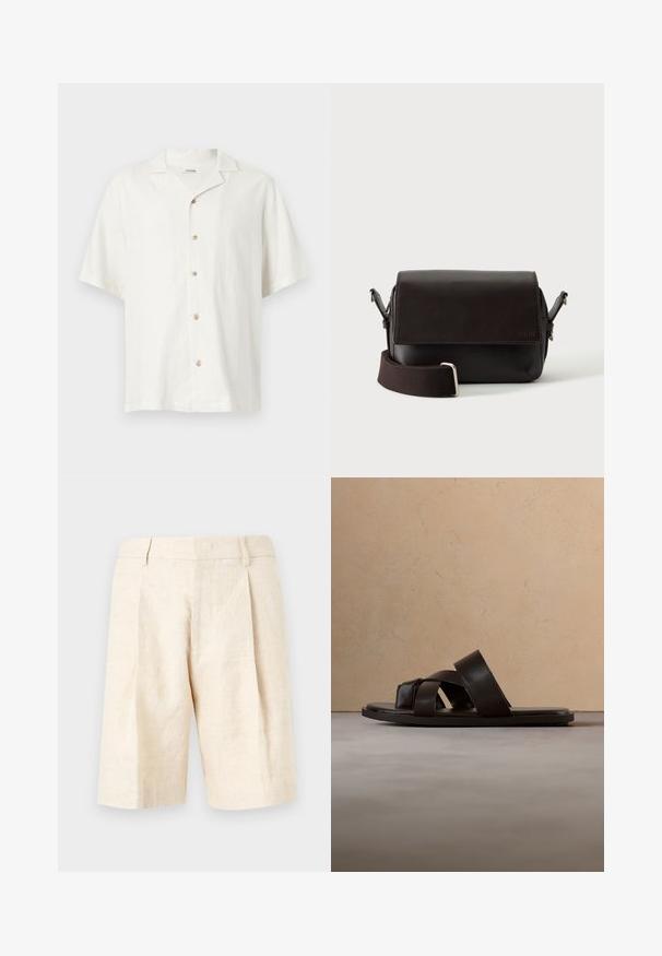 Chemise blanche à manches courtes avec col camp et cinq boutons beige centrés à l'avant.; Short en lin beige avec taille haute, plis avant, passants de ceinture et coupe droite longueur genoux.; Sandale glissante en cuir noir avec trois sangles croisées, semelle plate et texture lisse, suspendue au-dessus d'un tapis en fibres naturelles tissées.; Sac bandoulière en cuir marron foncé avec fermeture à rabat et sangle en tissu réglable sur fond blanc.