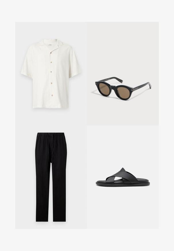 Chemise blanche à manches courtes avec col camp et cinq boutons beige centrés à l'avant.; Pantalon noir droit avec taille élastique et cordon, en tissu léger.; Stuart Weitzman BERKLEY - Mules - black; Lunettes de soleil rondes noires avec des montures épaisses et des verres marron, posées sur une surface blanche légèrement inclinée vers la droite.