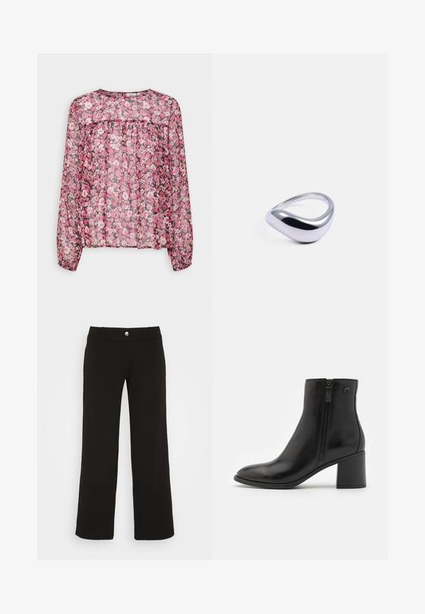 Saint Tropez SALVASZ BLOUSE - Blúzka - black; ONLY ONLSANIA LOW WAISTED PANT - Nohavice - black; Čierne členkové boty z hladkej kože so zipsom na boku. Majú špicatú špičku a textúrovaný blokový opätok pre stabilitu.; Leštený strieborný prsteň s organickým tvarom, s hladkými krivkami a zúženým pásom. Žiadne viditeľné vzory alebo akcenty.