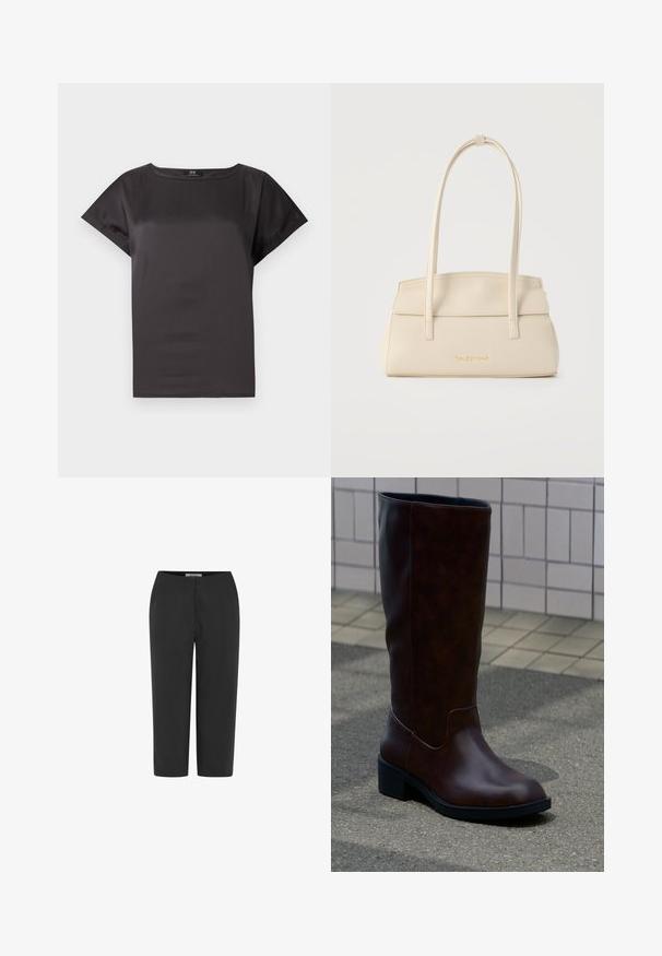 Blouse noire à manches courtes avec un col rond et une coupe légèrement ample, réalisée en tissu lisse et satiné.; Pantalon noir cropped sur mesure avec fermeture éclair à l'avant, coupe jambes droites, et une ceinture étiquetée "Soft Rebels".; Botte en cuir marron foncé mi-mollet avec un bout arrondi et un petit talon bloc, posée sur le trottoir près d’un mur carrelé.; Petit sac à main beige avec deux longues anses et un rabat de fermeture, arborant un logo Valentino doré au centre avant.