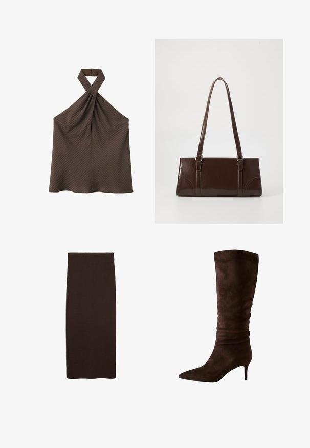 Haut marron texturé sans manches à col licou torsadé avec fermeture boutonnée à l'arrière du cou.; Jupe midi en tricot marron avec une coupe ajustée, texture lisse, sans motifs visibles, et un design simple et épuré sans embellissements.; Botte en daim brun jusqu'au genou avec un bout pointu et un talon fin. Le design présente une texture froncée près du haut pour un détail supplémentaire.; Sac à main en cuir verni marron de forme rectangulaire, avec deux longues poignées et des accents courbés subtils à l'avant.
