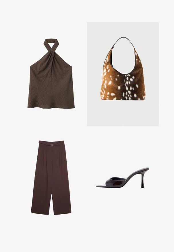 Brun tekstureret ærmeløs haltertop med en snoet halsudskæring og knaplukning bagpå nakken.; Stradivarius SMART WIDE-LEG WITH BUCKLE DETAIL - Bukser - dark brown; Sort laklæder mule med åbent tåparti, slank mellemhøj stilethæl og lavt skåret overskrivebånd.; Brun og sort håndtaske med hvid pletskindtekstur og en enkelt sort skulderrem på en ensfarvet baggrund.