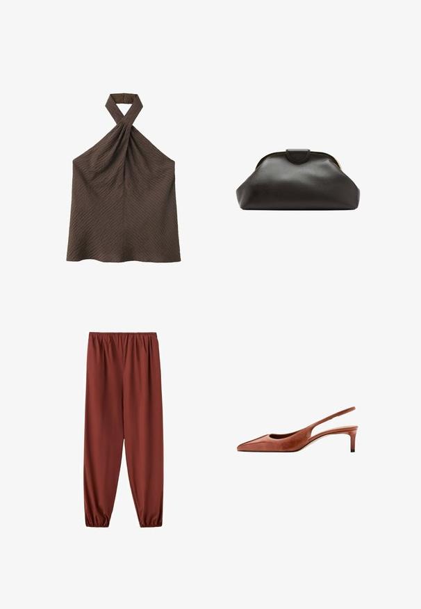 Haut marron texturé sans manches à col licou torsadé avec fermeture boutonnée à l'arrière du cou.; Pantalon ample marron rouille avec taille élastique et bas resserrés élastiqués, présenté sur un fond blanc.; Chaussure slingback en cuir marron à bout pointu, petit talon kitten et fine bride autour du talon sur fond blanc.; Pochette en cuir noir souple avec un cadre arrondi et une petite fermeture à languette en haut au centre.